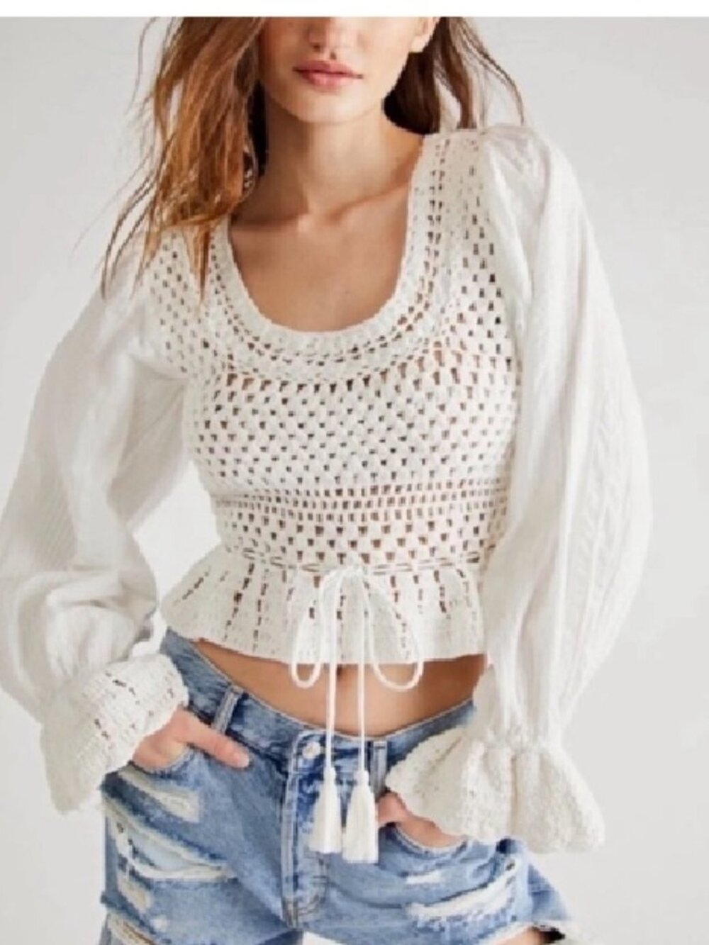 Free People Women's Ivory Long-Sleeve Megan Crochet Cutout Back Top Size L